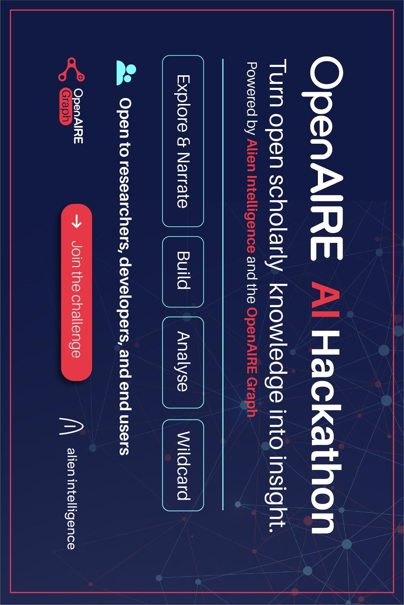 OpenAIRE AI Hackathon. Powered by Alien Intelligence and the OpenAIRE Graph. Explore & narrate, build, analyse, wildcard. Open to researchers, developers, and end users. Join the challenge